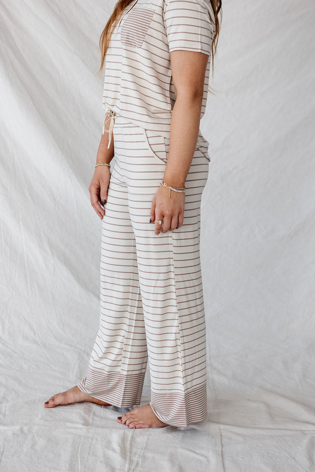 HENLEY STRAIGHT LEG PANTS SET MODAL | Tan & Cream Pencil Stripe