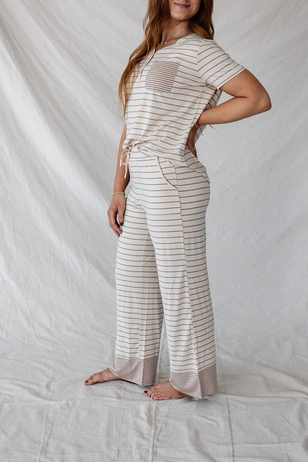 HENLEY STRAIGHT LEG PANTS SET MODAL | Tan & Cream Pencil Stripe