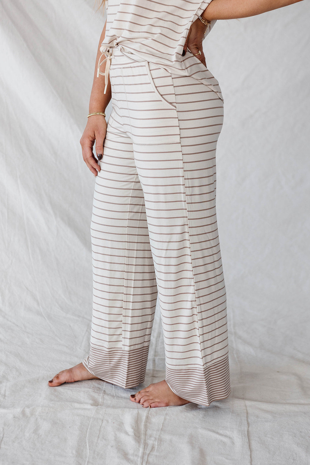HENLEY STRAIGHT LEG PANTS SET MODAL | Tan & Cream Pencil Stripe