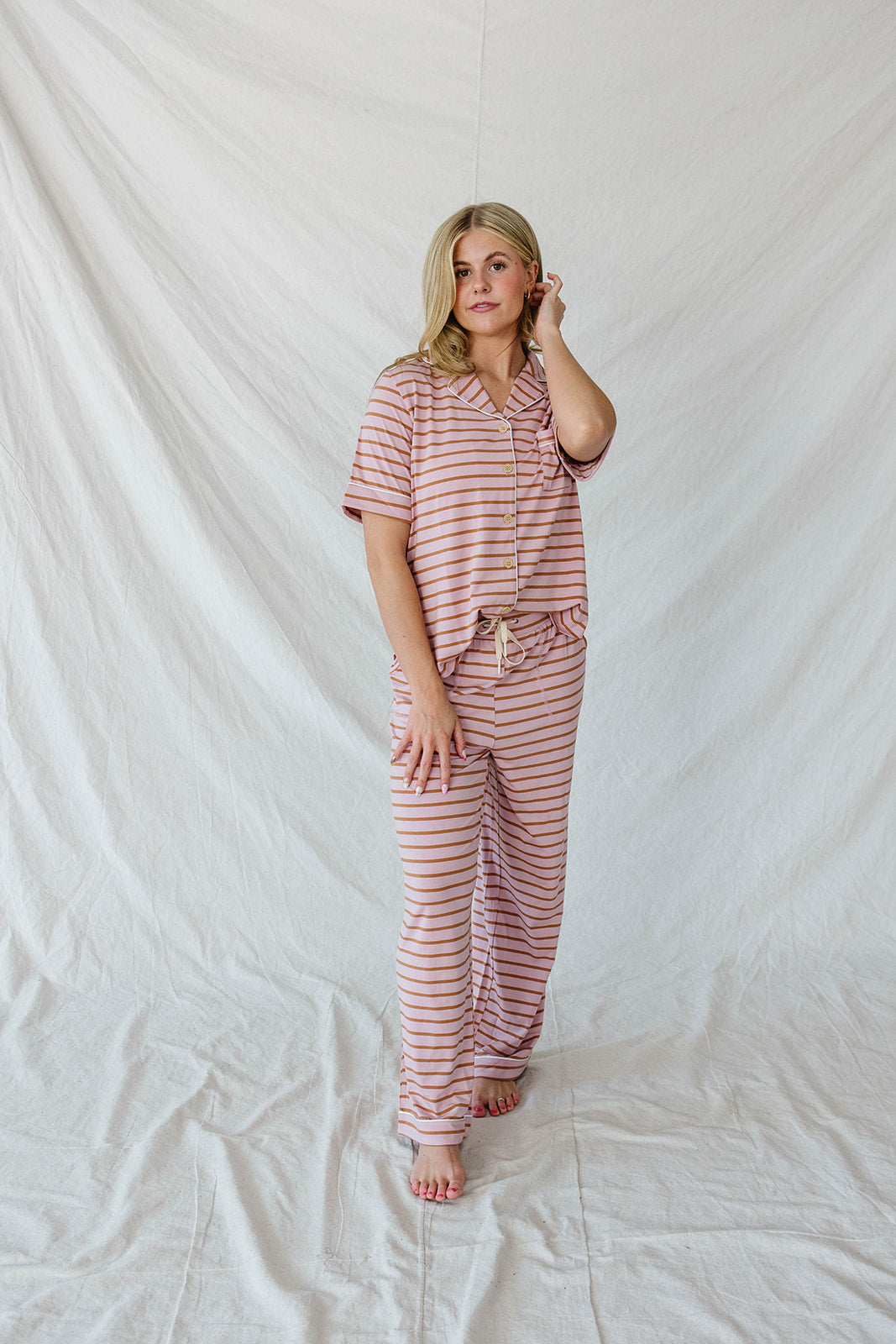 PIPED BUTTON UP PANTS SET MODAL | Mauve & Maple Stripe-Final Sale