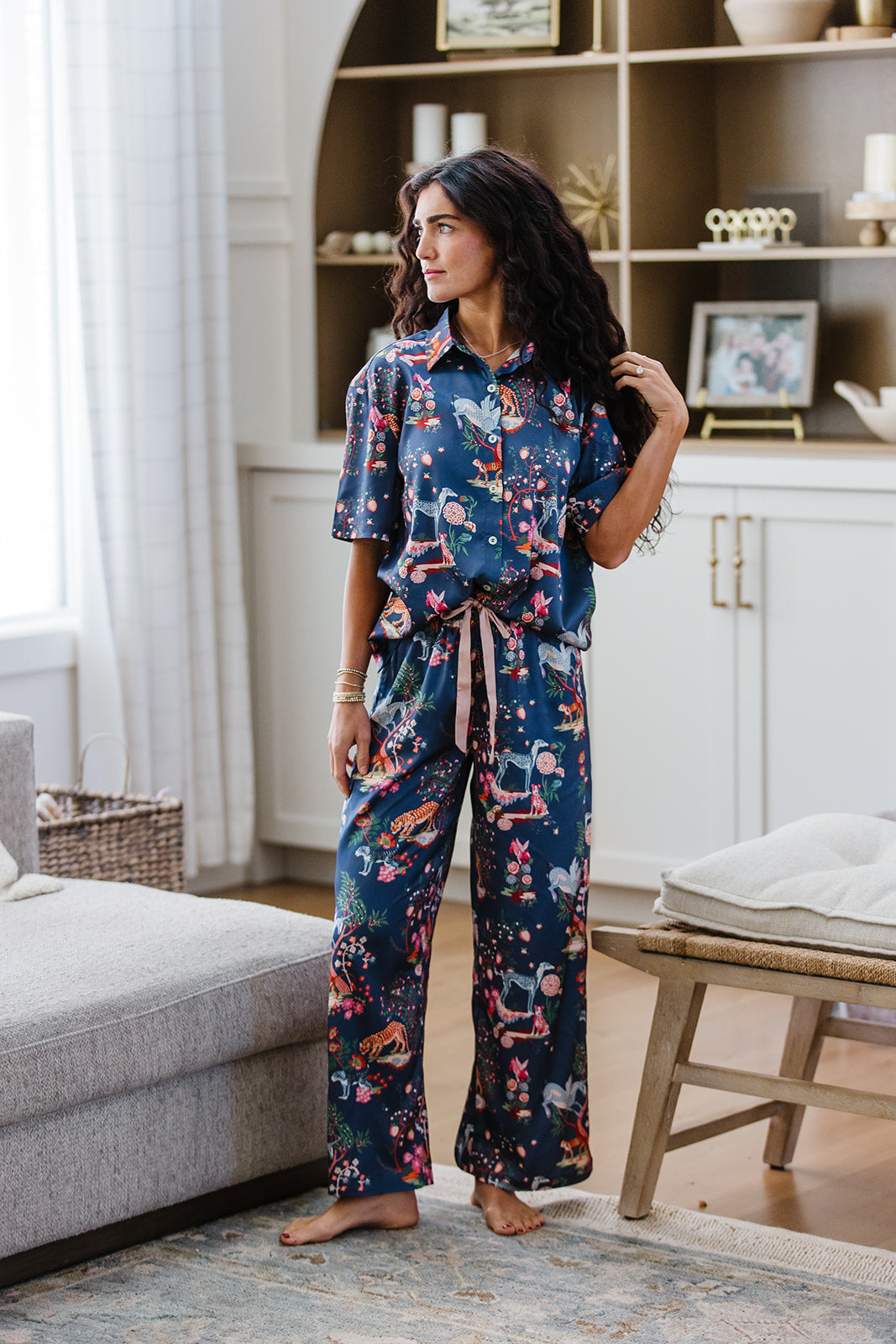 Satin Pajama Set | Navy Whimsical Wildlife