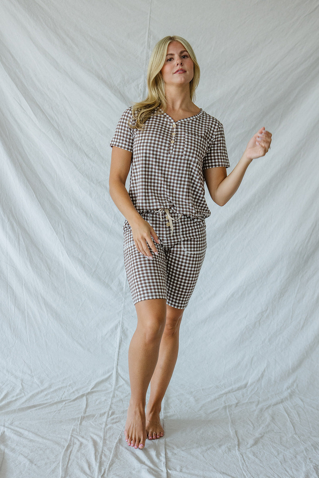 JAM SHORTS HENLEY SET | Espresso Tiny Gingham