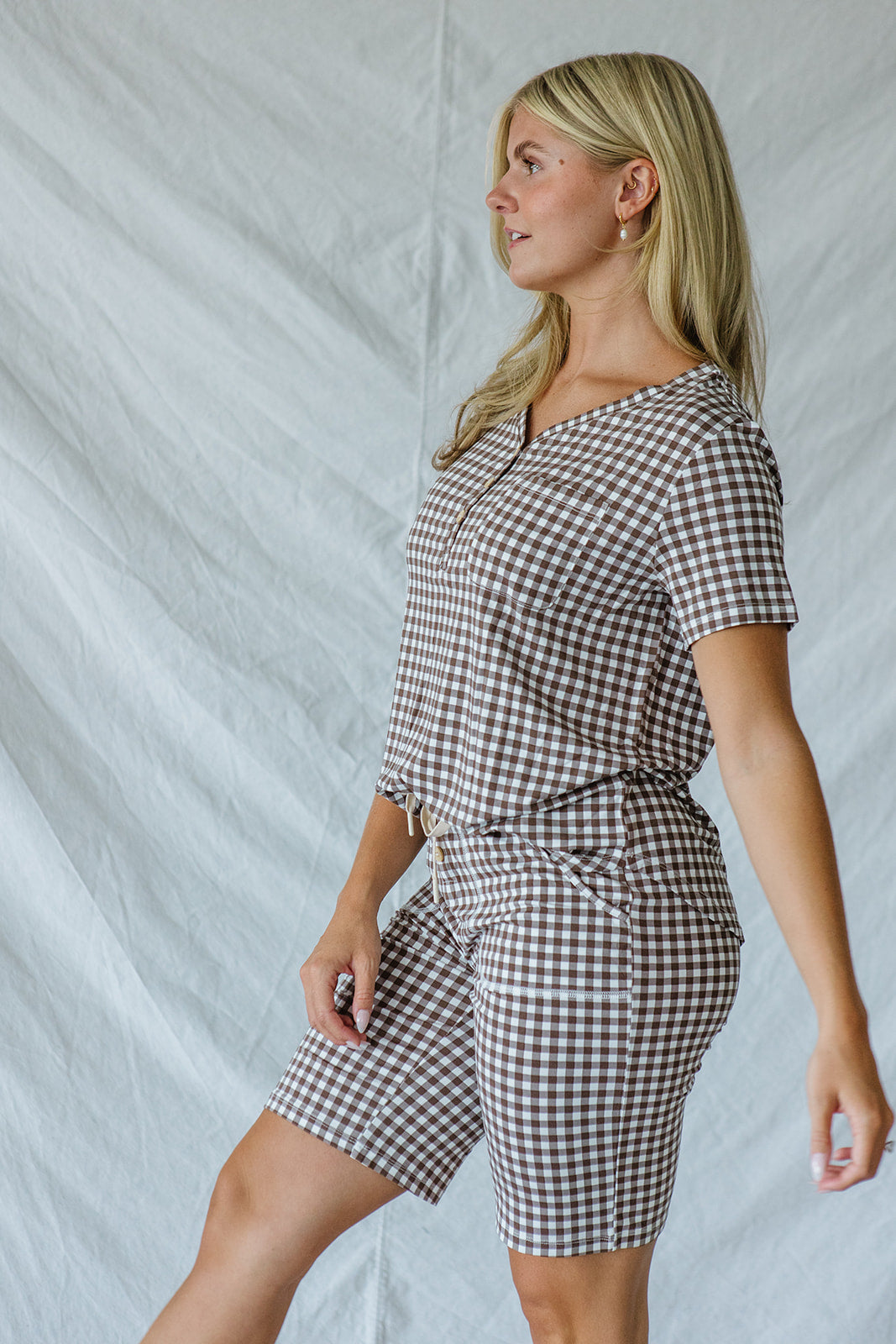 JAM SHORTS HENLEY SET | Espresso Tiny Gingham
