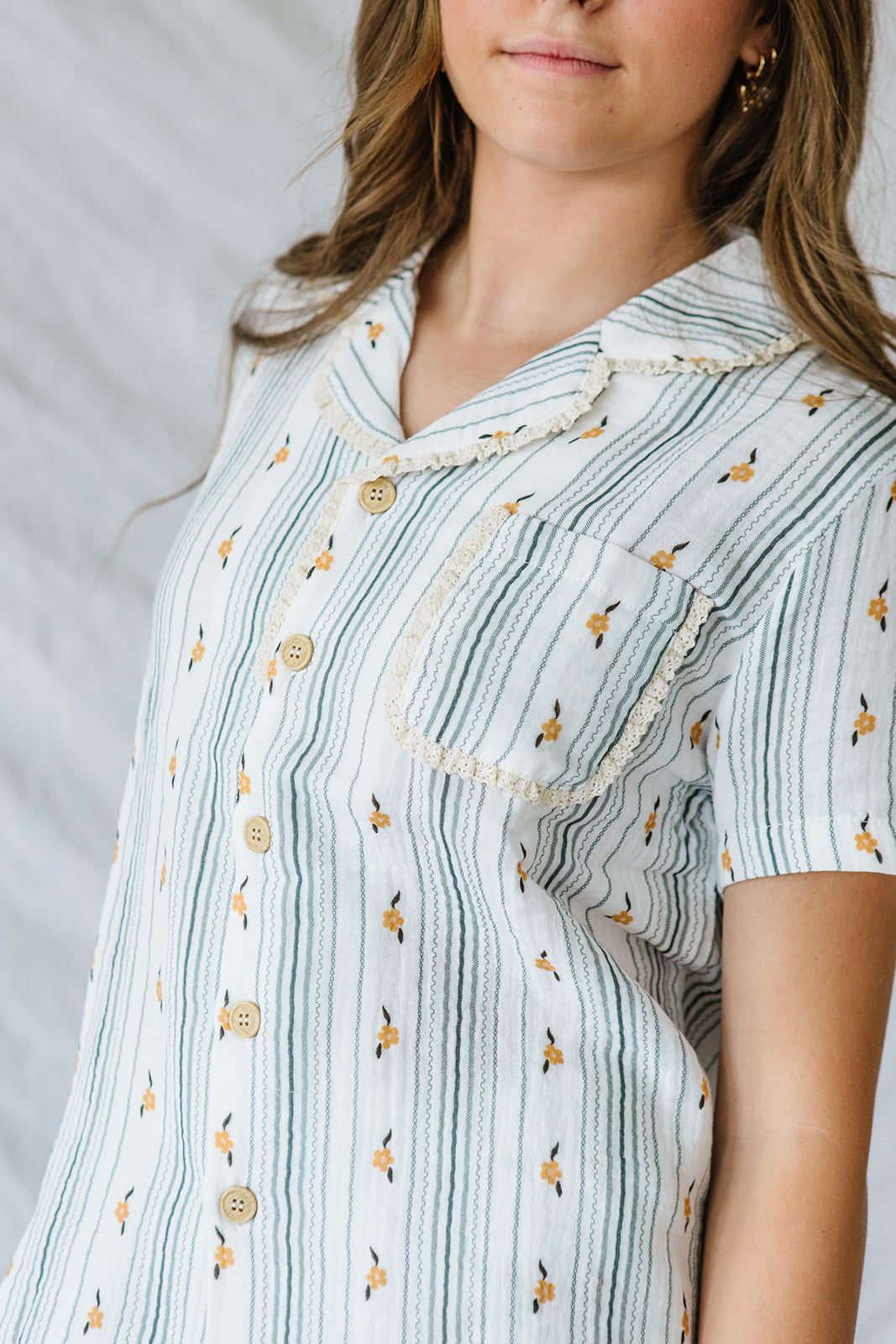 Bamboo Gauze Short Sleeve Shorts Set | Yellow Floral Blue Stripe