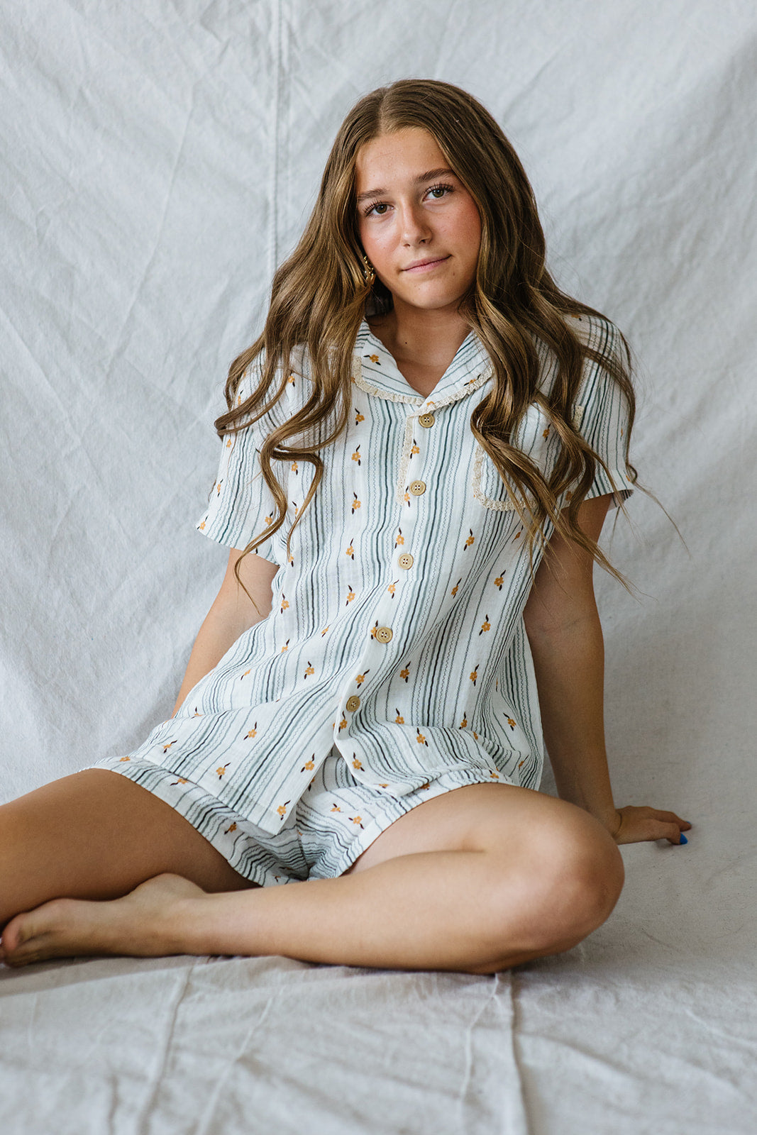 Bamboo Gauze Short Sleeve Shorts Set | Yellow Floral Blue Stripe