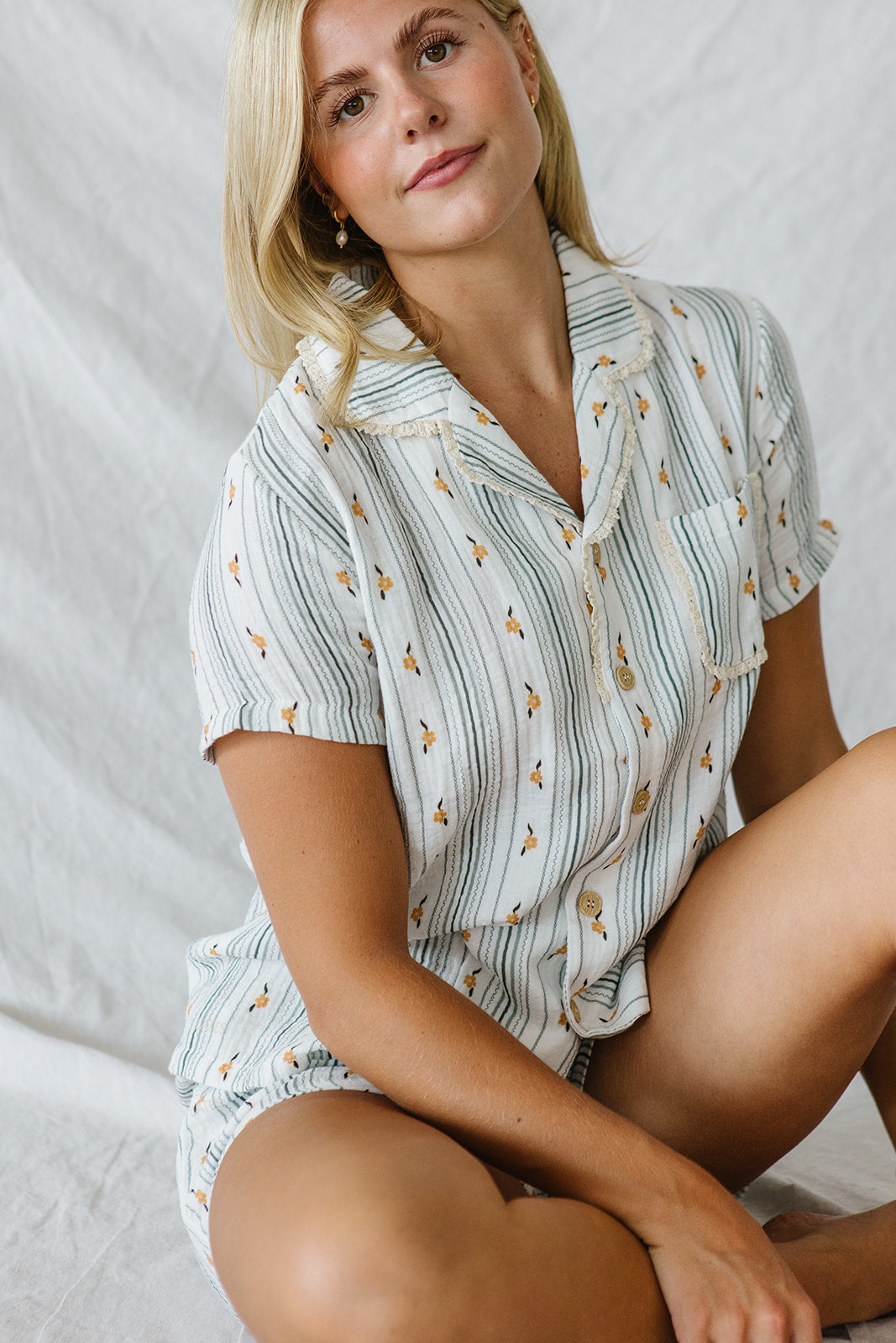 Bamboo Gauze Short Sleeve Shorts Set | Yellow Floral Blue Stripe