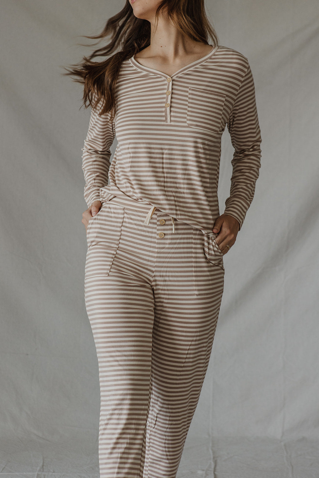 HENLEY PANTS SET LONG SLEEVE | Tan & Cream Stripe-Final sale