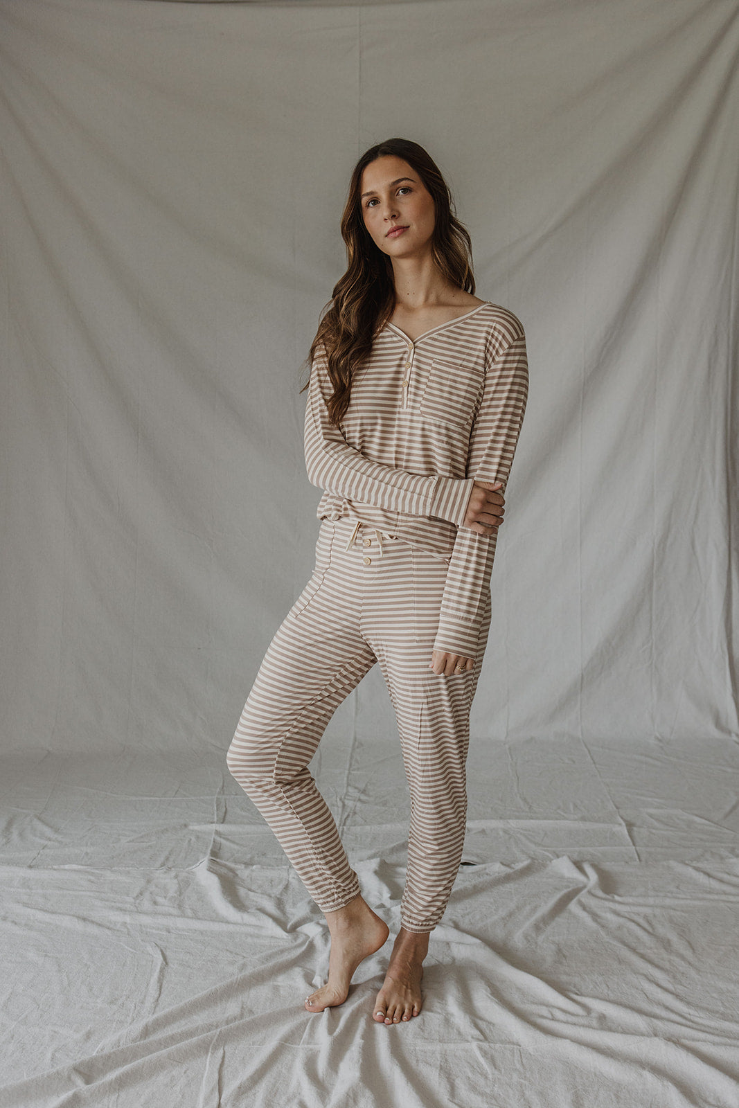 HENLEY PANTS SET LONG SLEEVE | Tan & Cream Stripe-Final sale