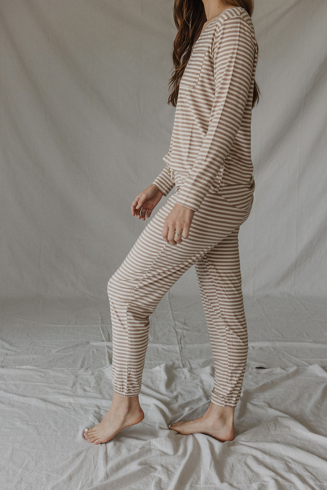 HENLEY PANTS SET LONG SLEEVE | Tan & Cream Stripe-Final sale