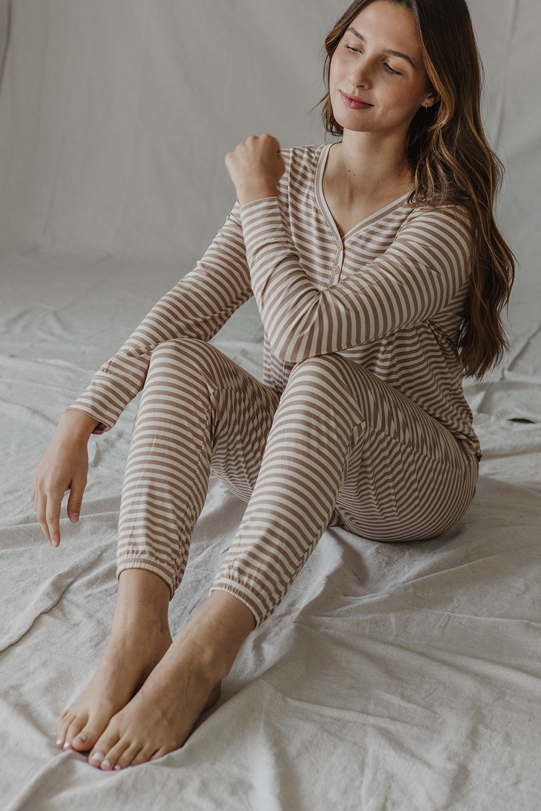 HENLEY PANTS SET LONG SLEEVE | Tan & Cream Stripe-Final sale