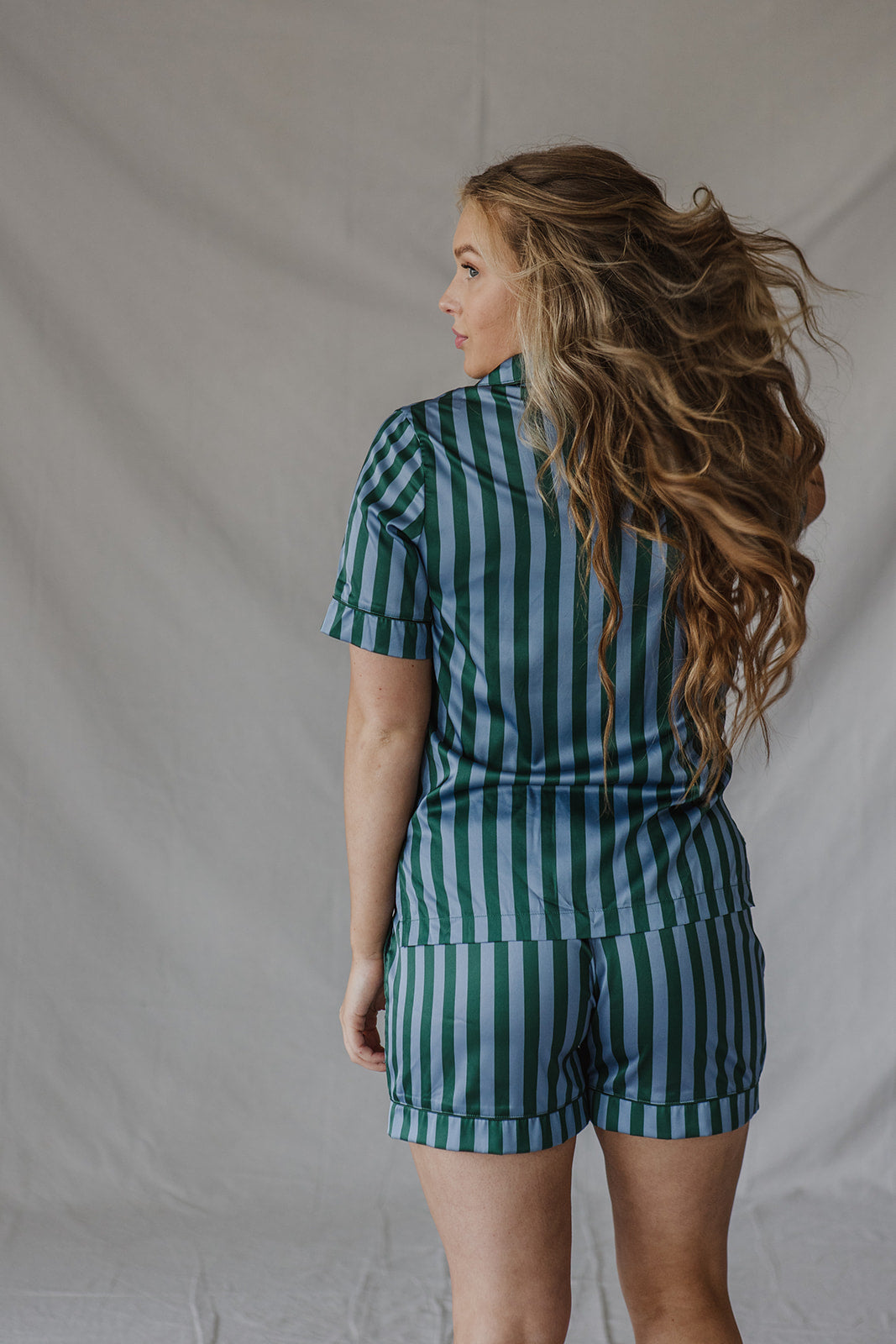 Satin Pajama Shorts Set | Blue/Green Stripe Short Sleeve