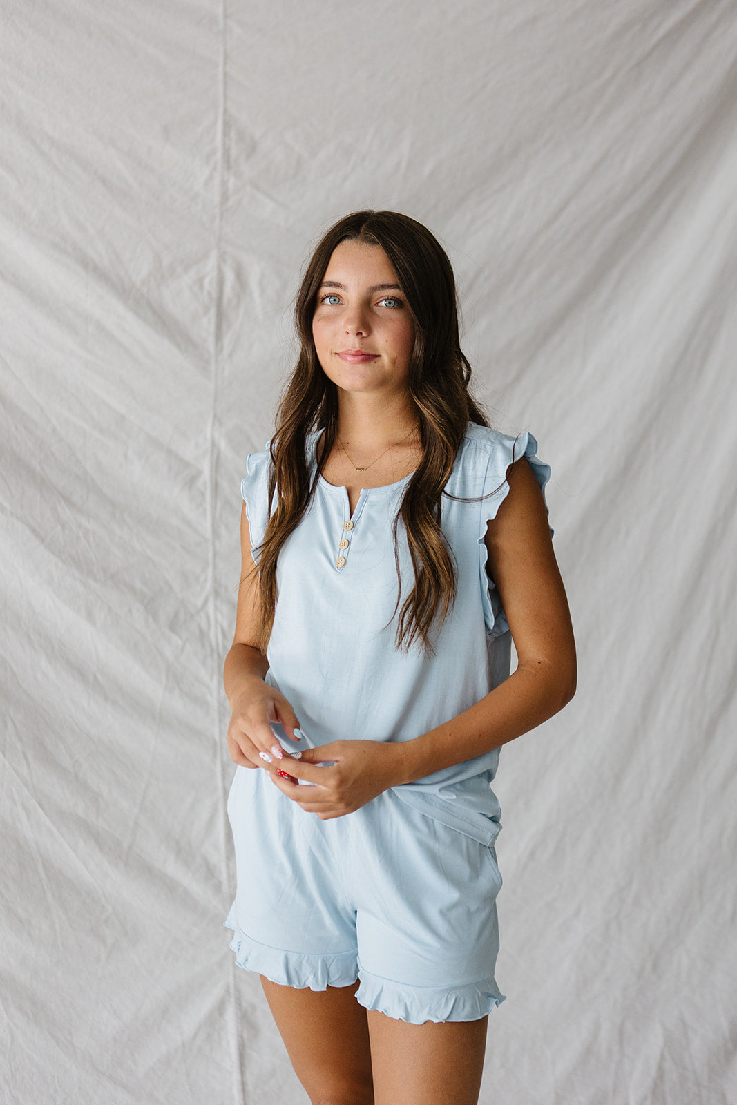 RUFFLE TANK SHORTS SET MODAL| Ice Blue