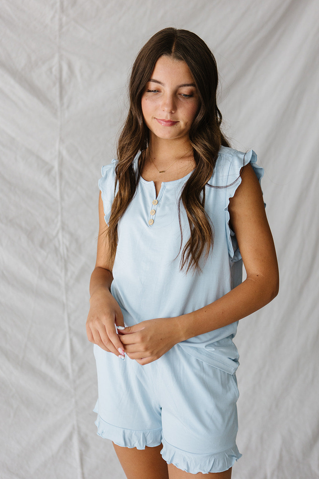 RUFFLE TANK SHORTS SET MODAL| Ice Blue
