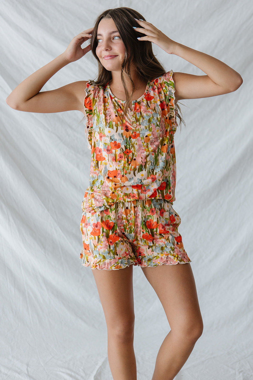RUFFLE TANK SHORTS SET MODAL| Pink Watercolor Floral