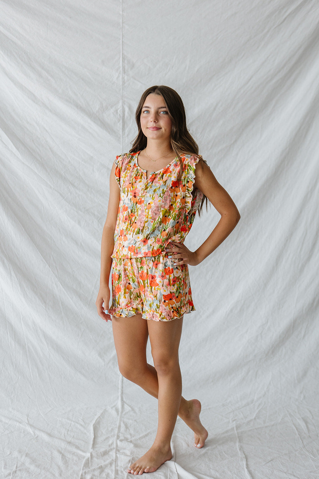RUFFLE TANK SHORTS SET MODAL| Pink Watercolor Floral