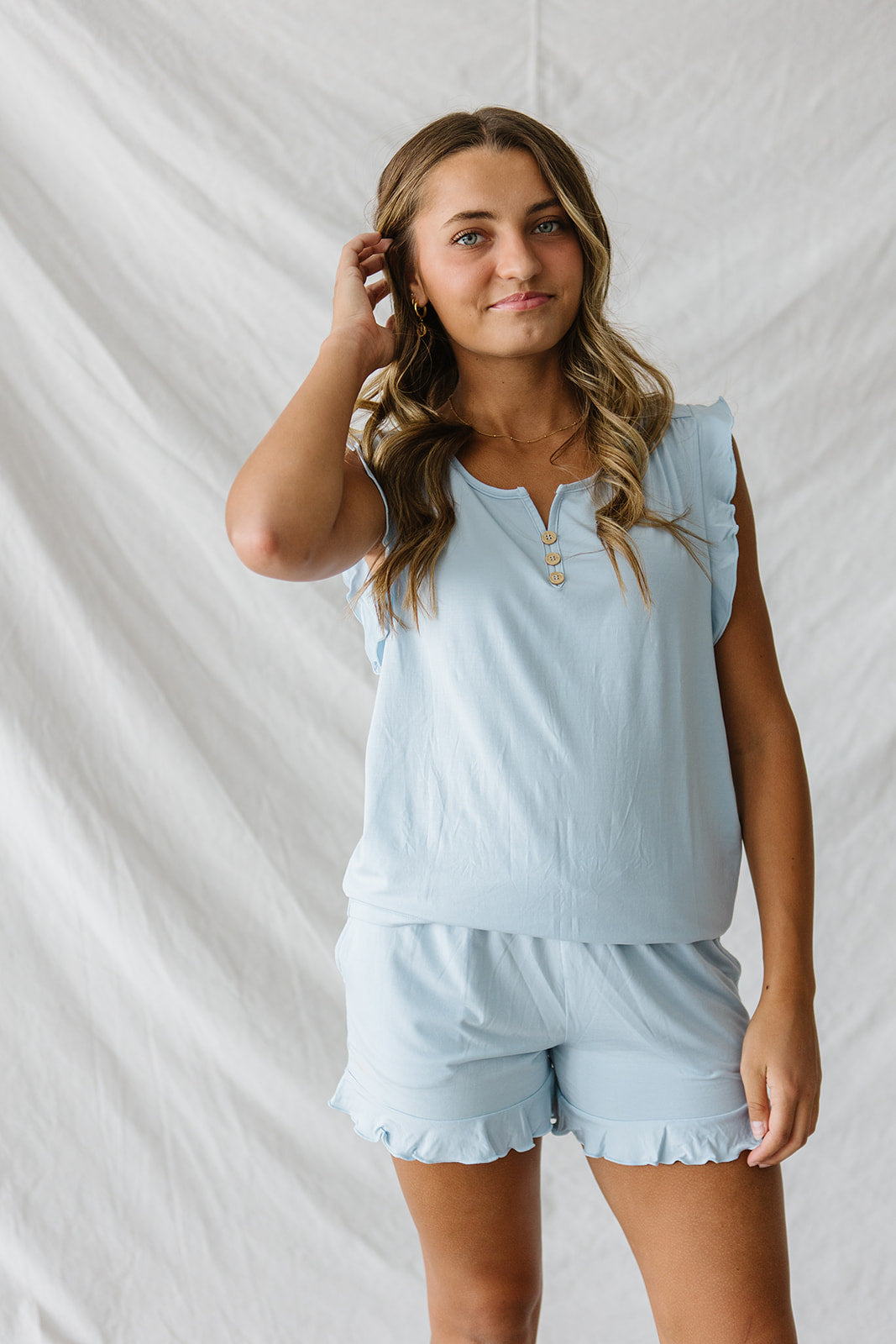 RUFFLE TANK SHORTS SET MODAL| Ice Blue