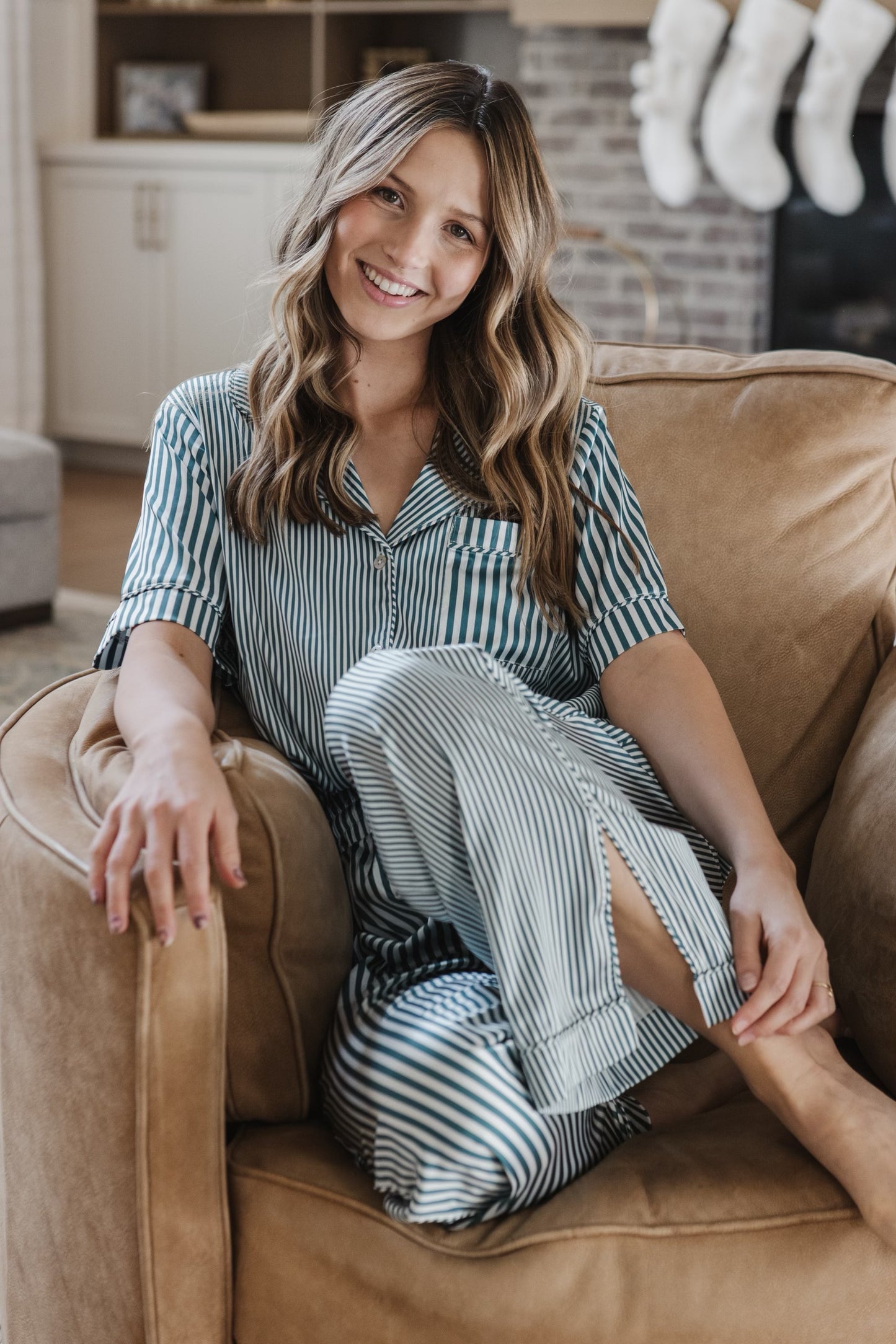 Satin Pajama Set | Mismatch Green Stripe Short Sleeve