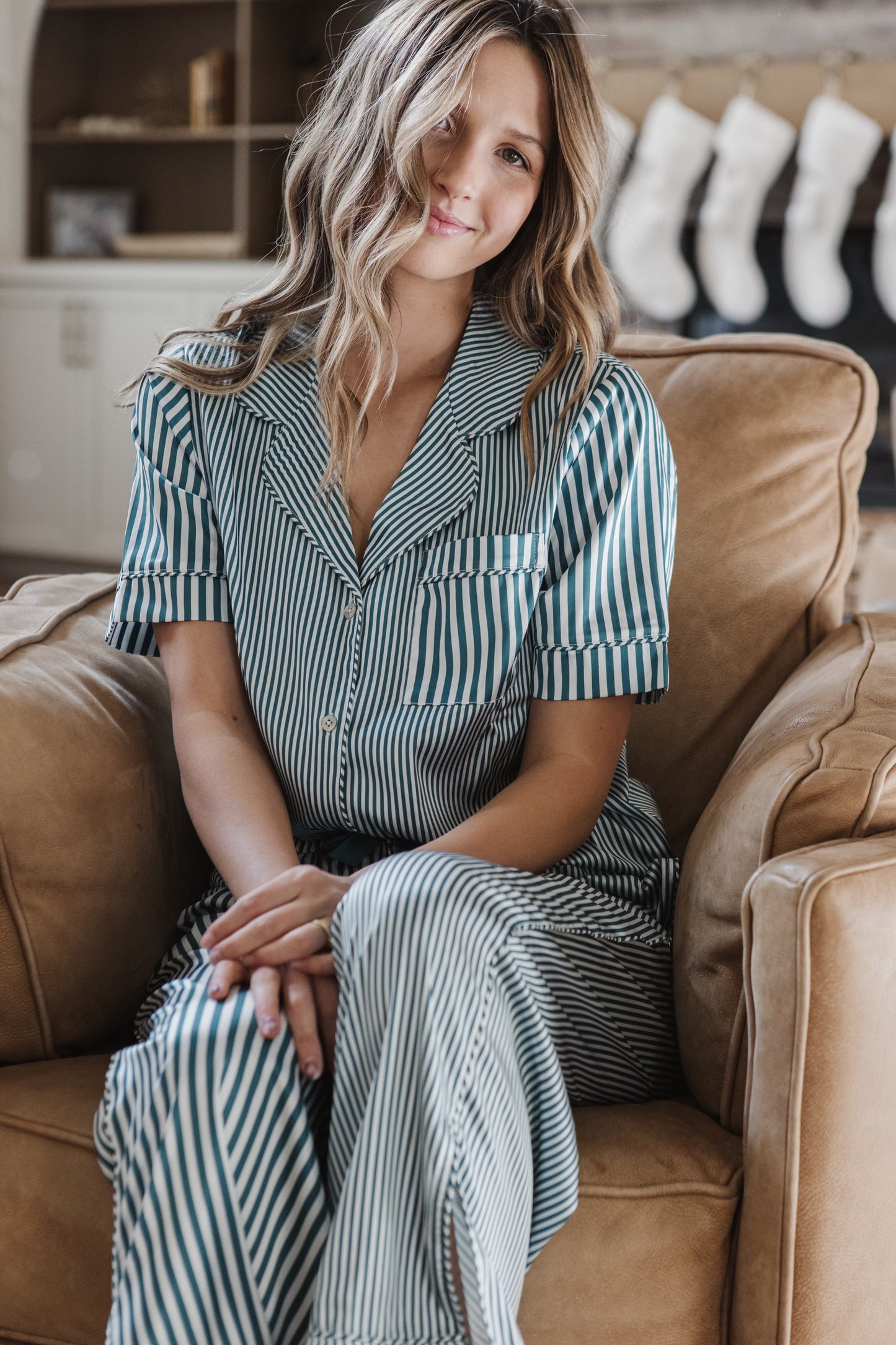 Satin Pajama Set | Mismatch Green Stripe Short Sleeve