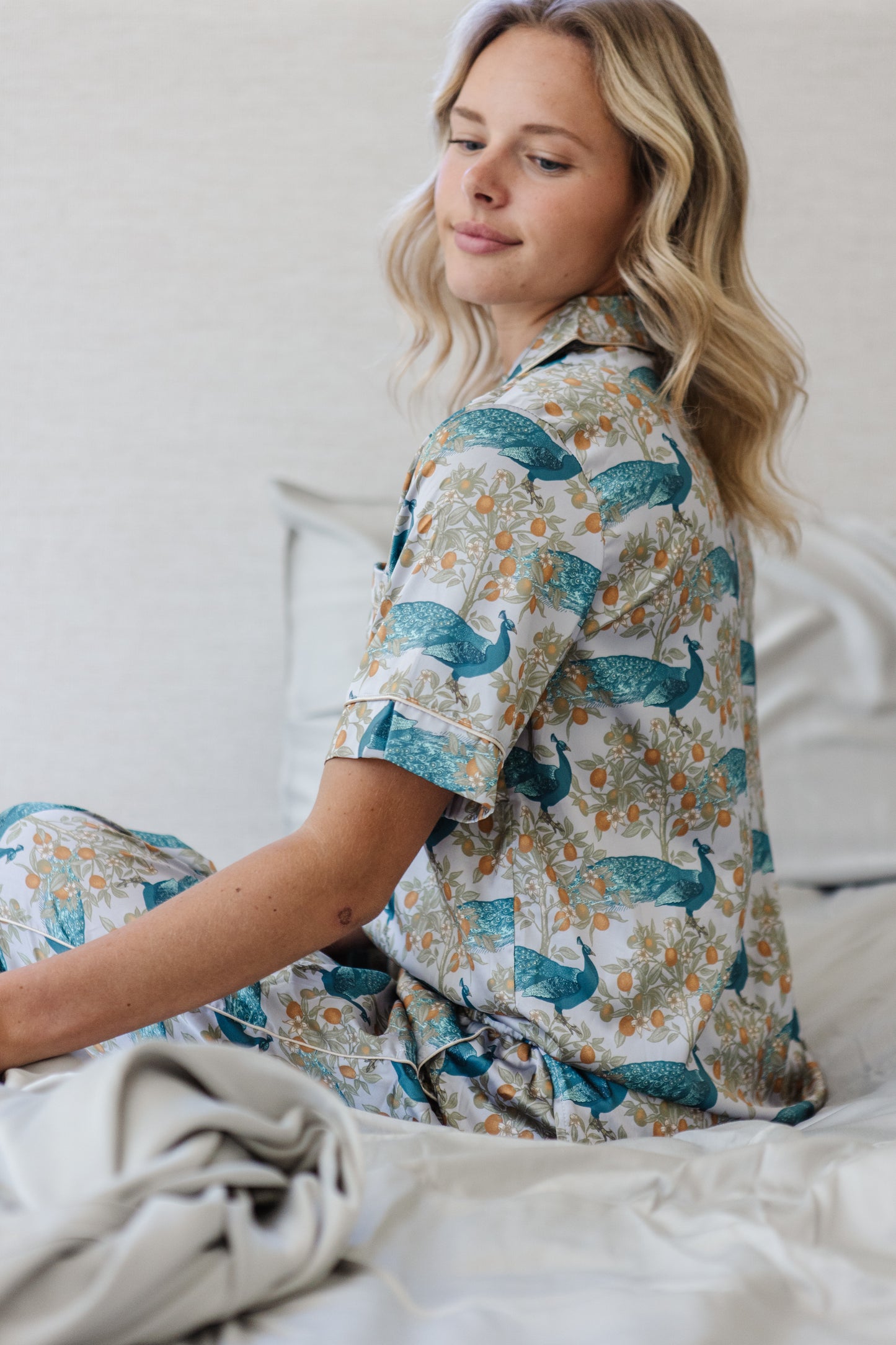 Satin Pajama Set | Peacock Short Sleeve