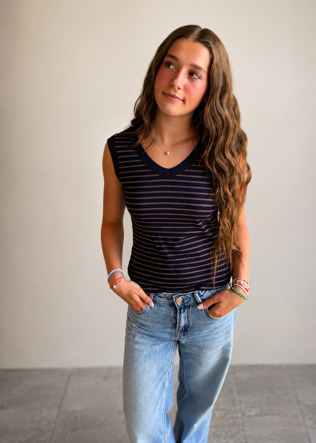 Ribbed Striped  V-Neck Tank