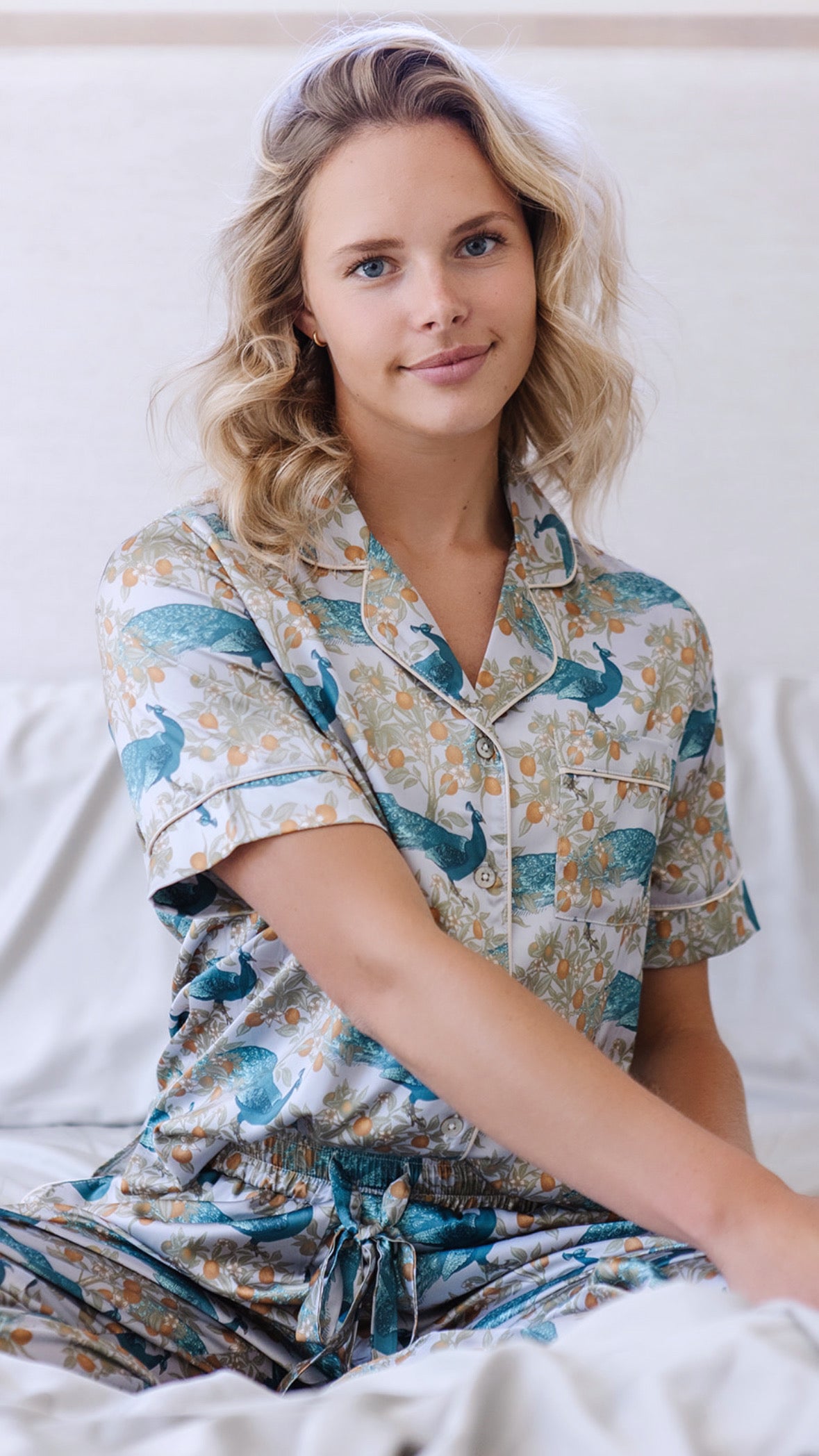 Satin Pajama Set | Peacock Short Sleeve