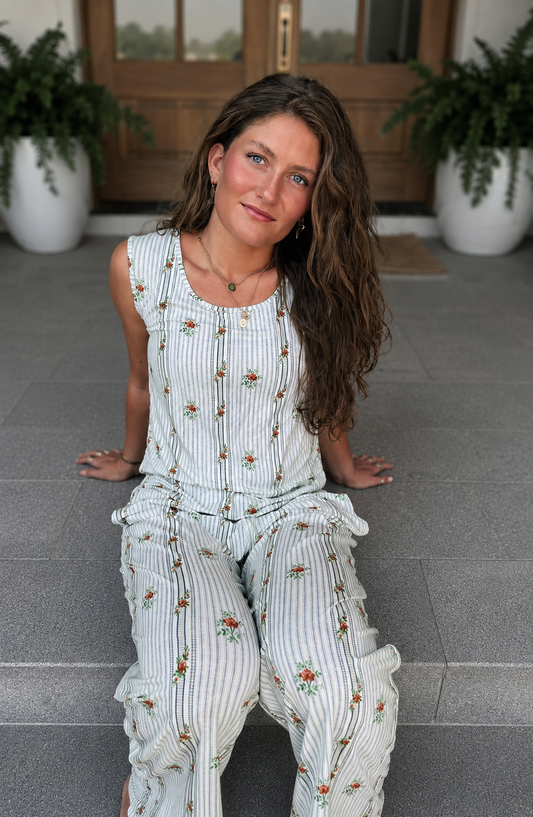 SCOOP NECK TANK PANT SET MODAL| Blue Floral Stripe