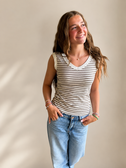Ribbed Striped  V-Neck Tank