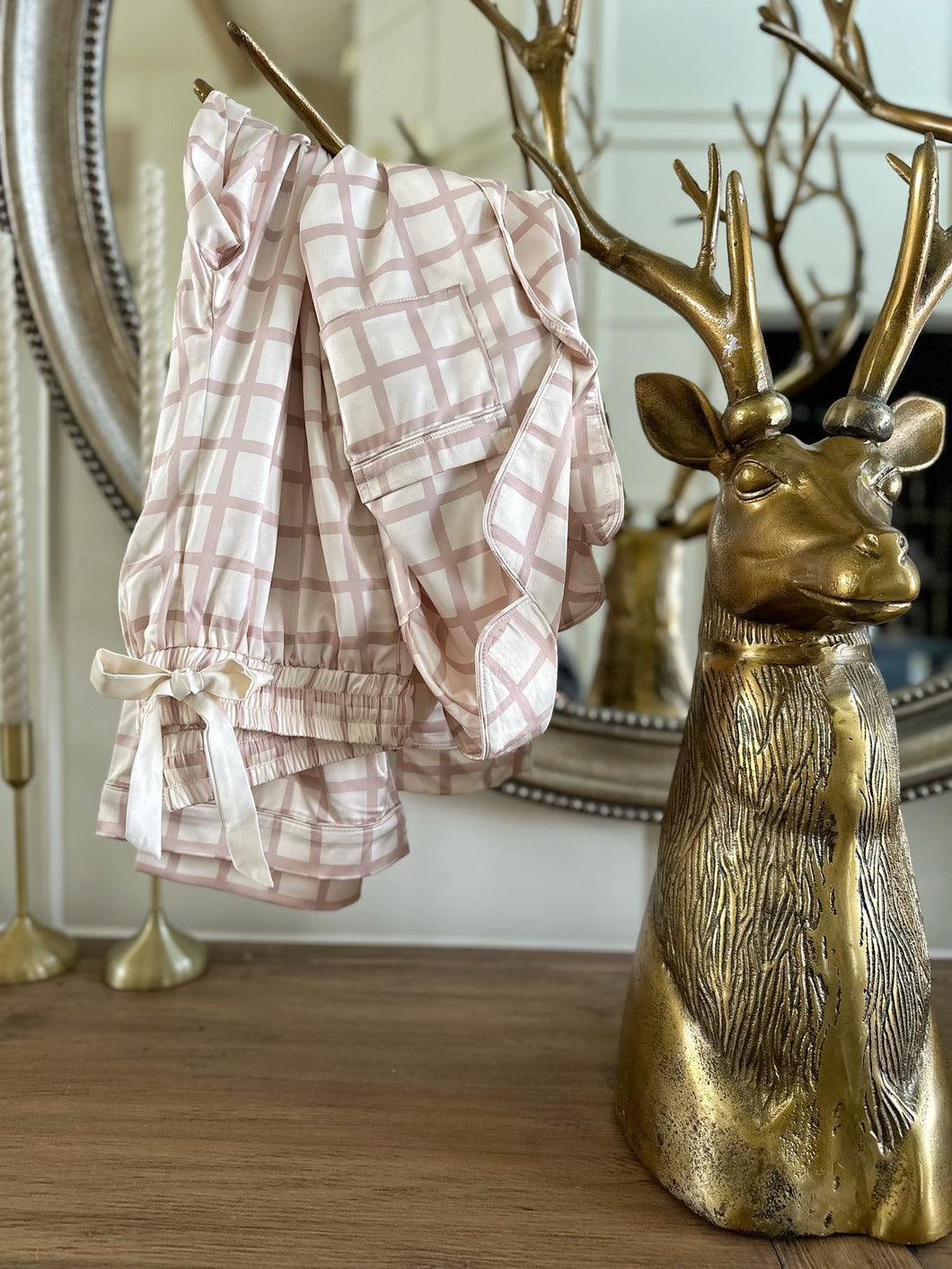 Satin Pajama Set | Taupe Window Pane Short Sleeve