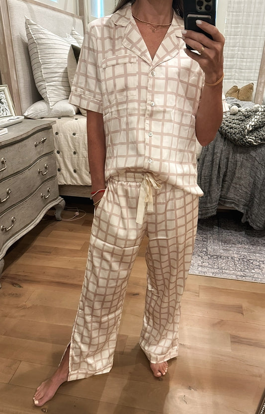 Satin Pajama Set | Taupe Window Pane Short Sleeve