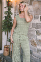 Scoop Neck Tank Pant Set | Green & Cream Vertical Stripe