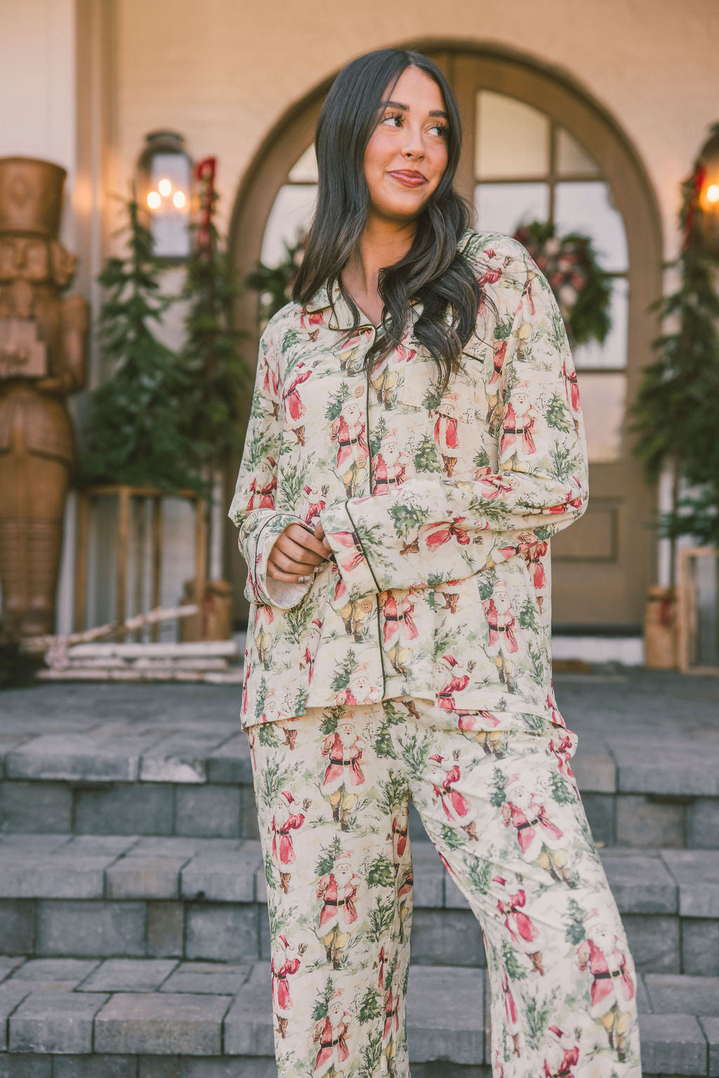 Button Up Long Sleeve Pants Set - Vintage Santa
