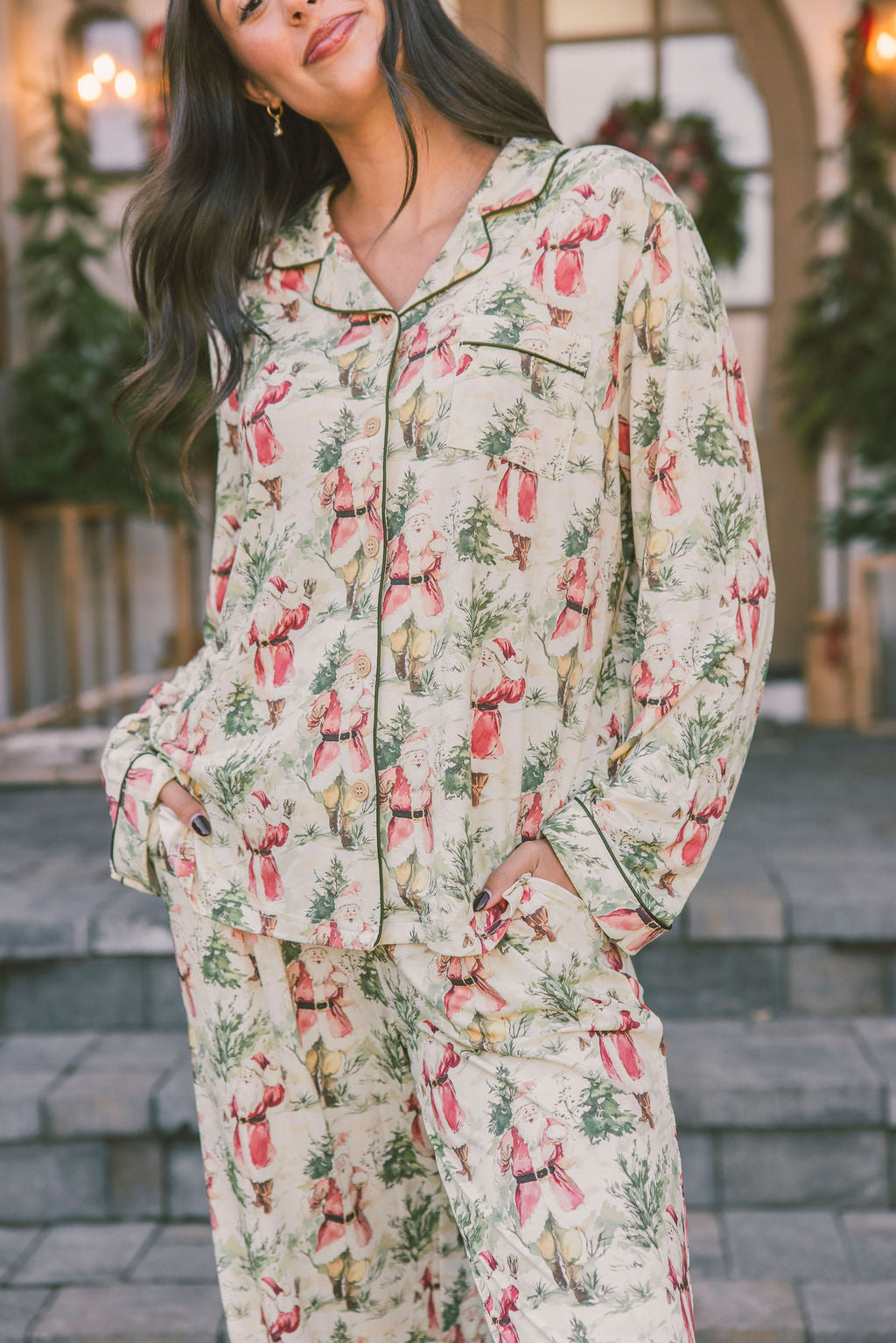 Button Up Long Sleeve Pants Set - Vintage Santa