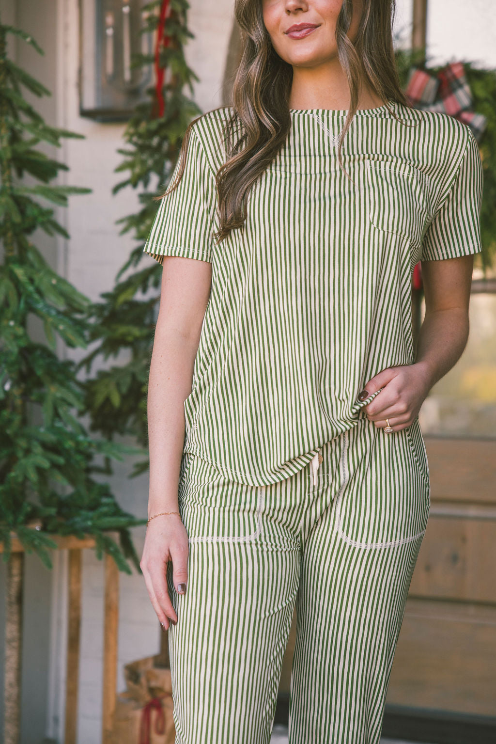 JAM PANTS SET  - Green & Cream Vertical Stripe