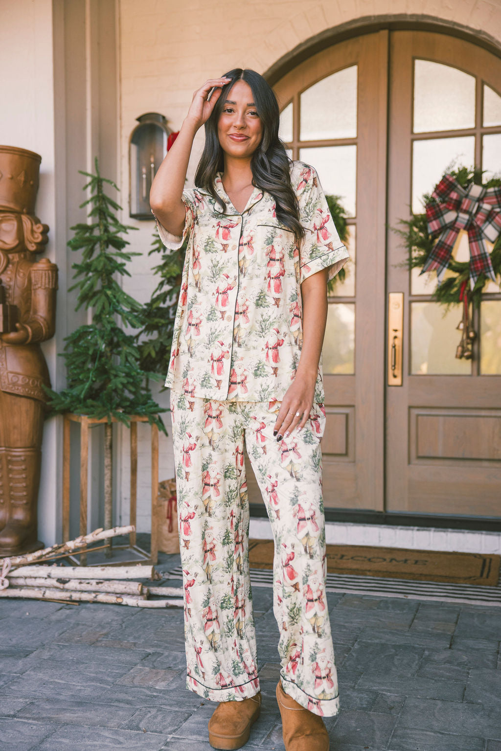 Button Up Short Sleeve Pants Set - Vintage Santa