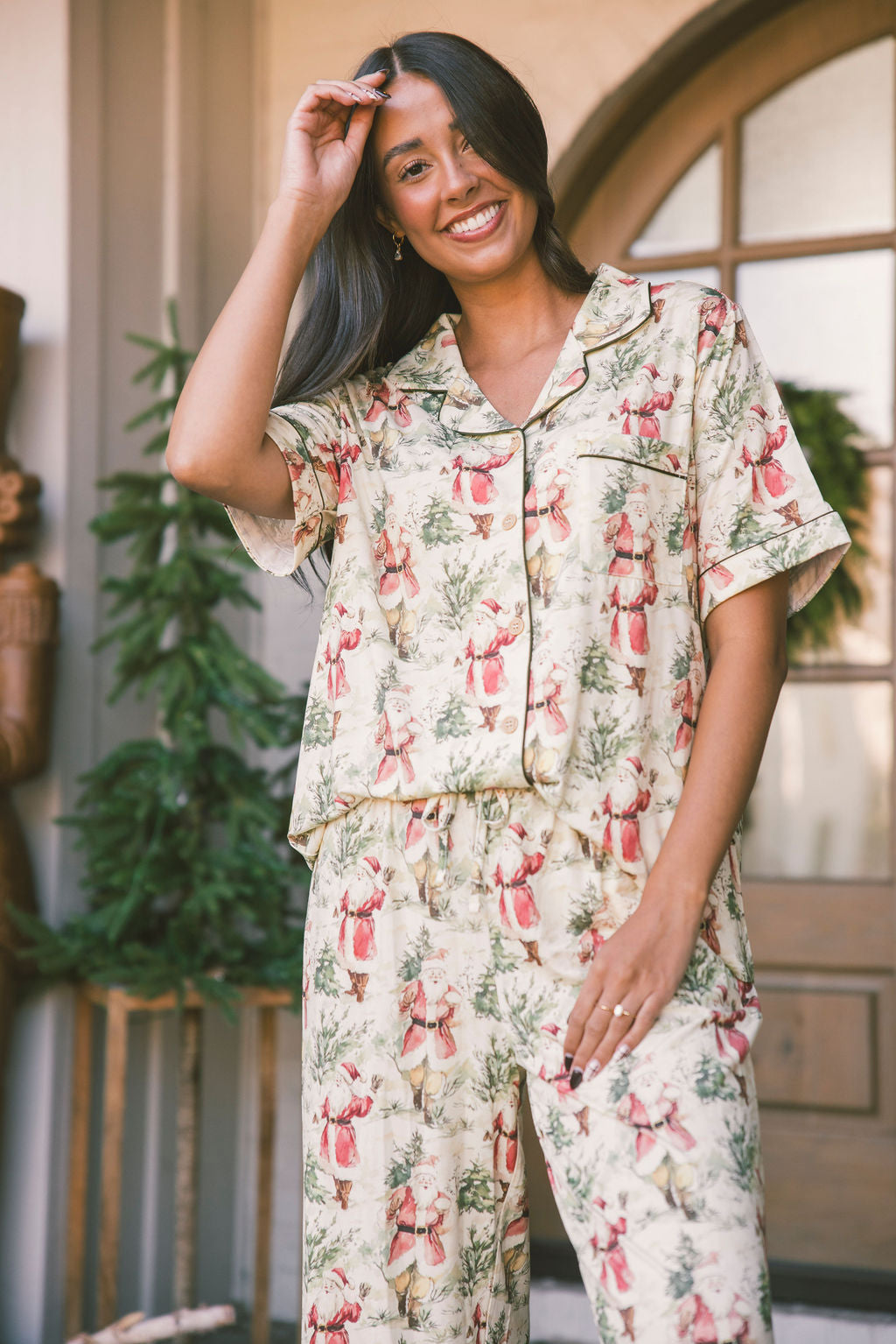 Button Up Short Sleeve Pants Set - Vintage Santa