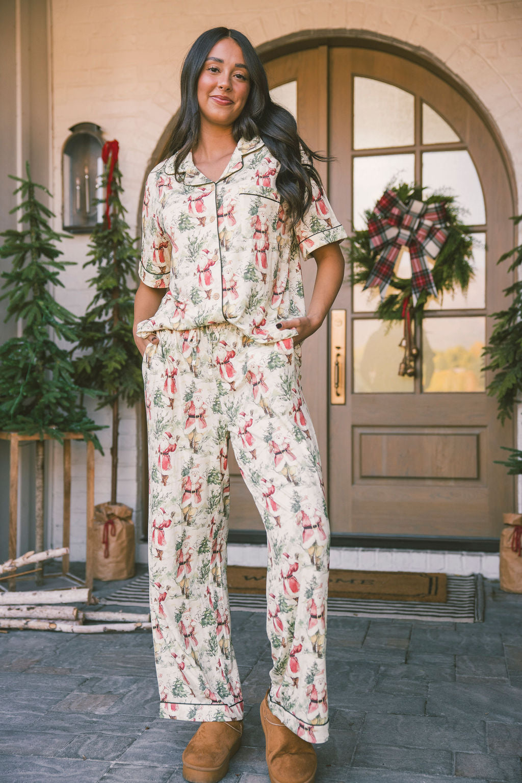 Button Up Short Sleeve Pants Set - Vintage Santa