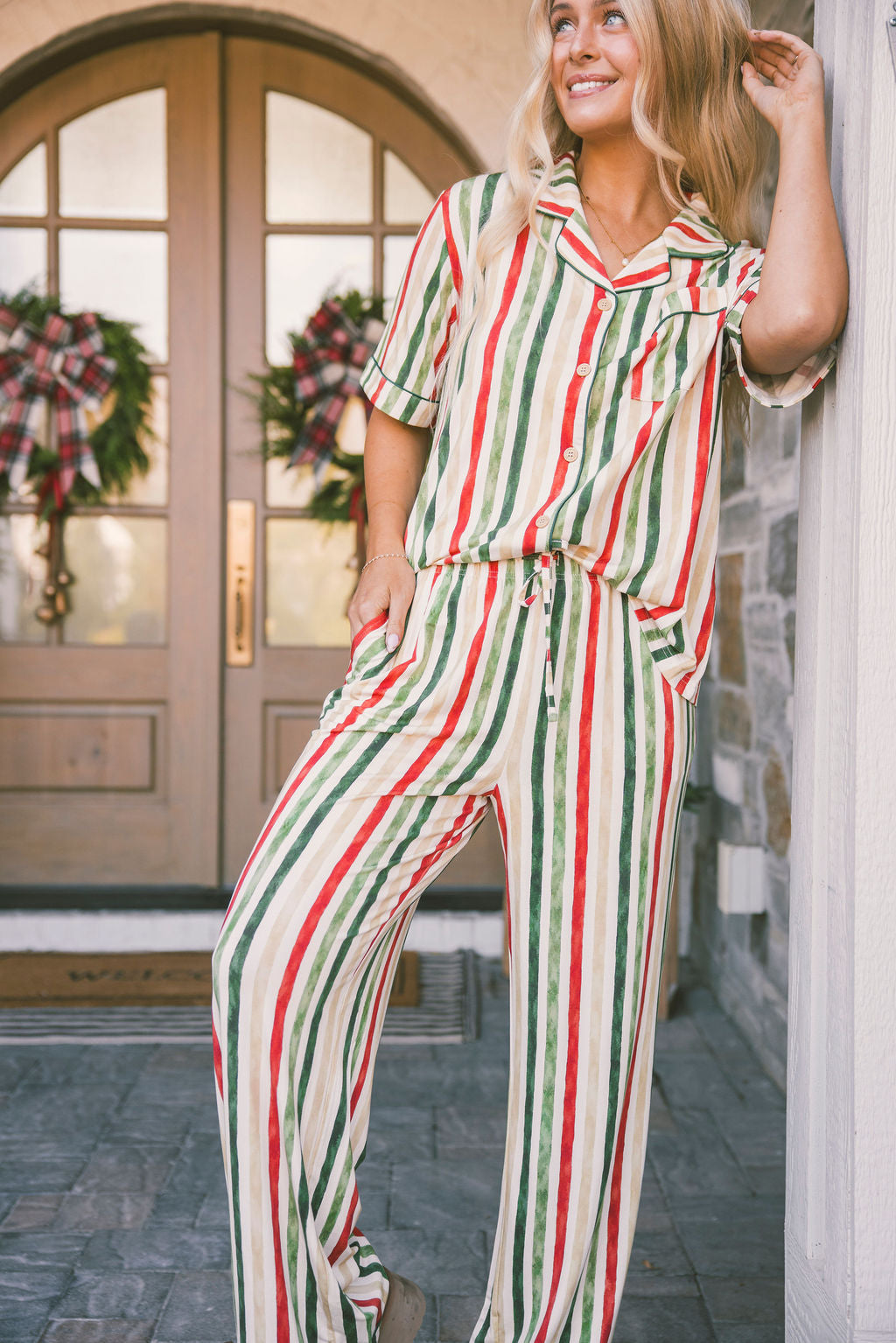 BUTTON UP SHORT SLEEVE PANTS SET MODAL - Holiday Classic Vertical Stripe