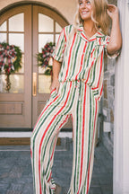 Button Up Short Sleeve Pants Set | Holiday Classic Vertical Stripe