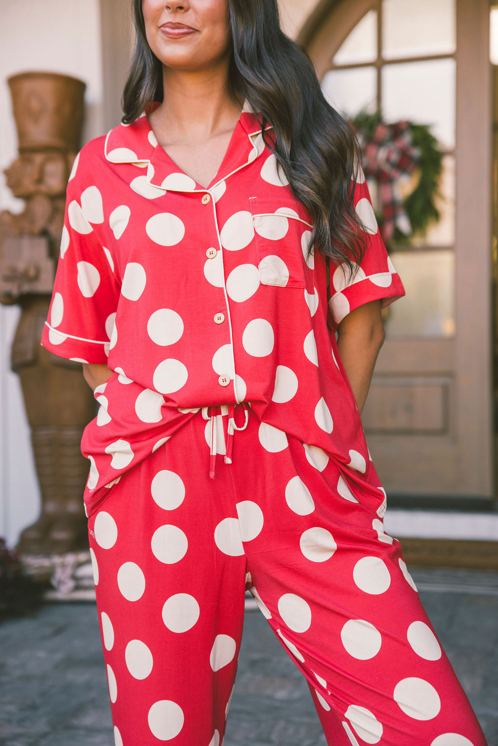 Button Up Short Sleeve Pants Set - Large Red Polka Dot