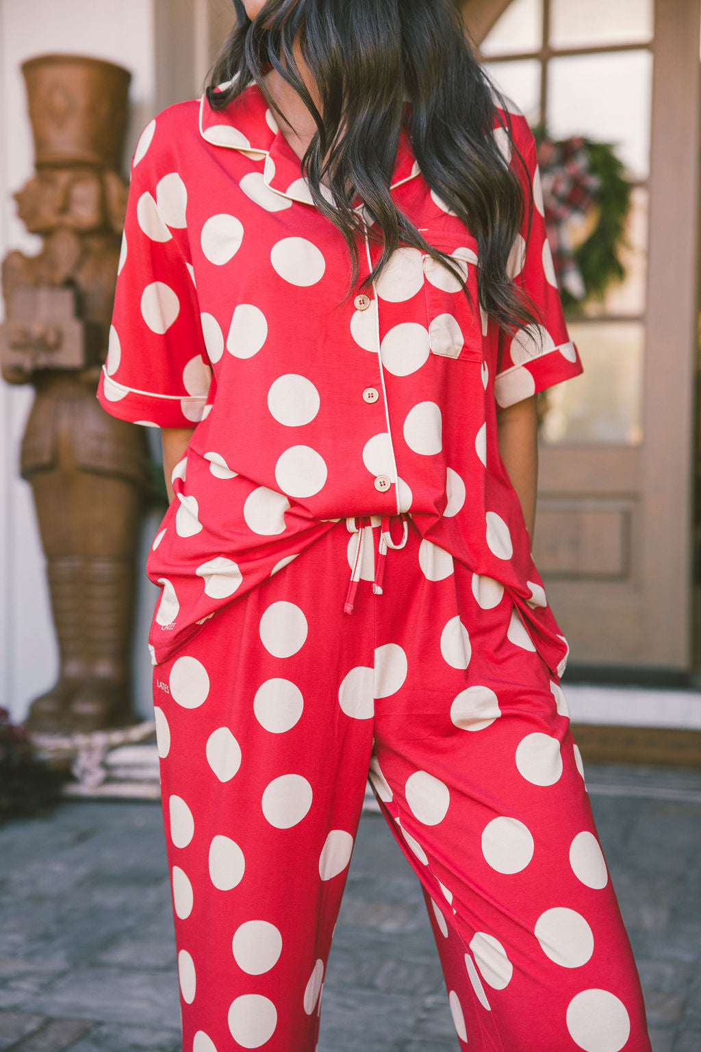 Button Up Short Sleeve Pants Set - Large Red Polka Dot