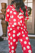 Button Up Short Sleeve Pants Set - Large Red Polka Dot