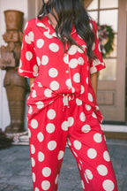 Button Up Short Sleeve Pants Set | Large Red Polka Dot