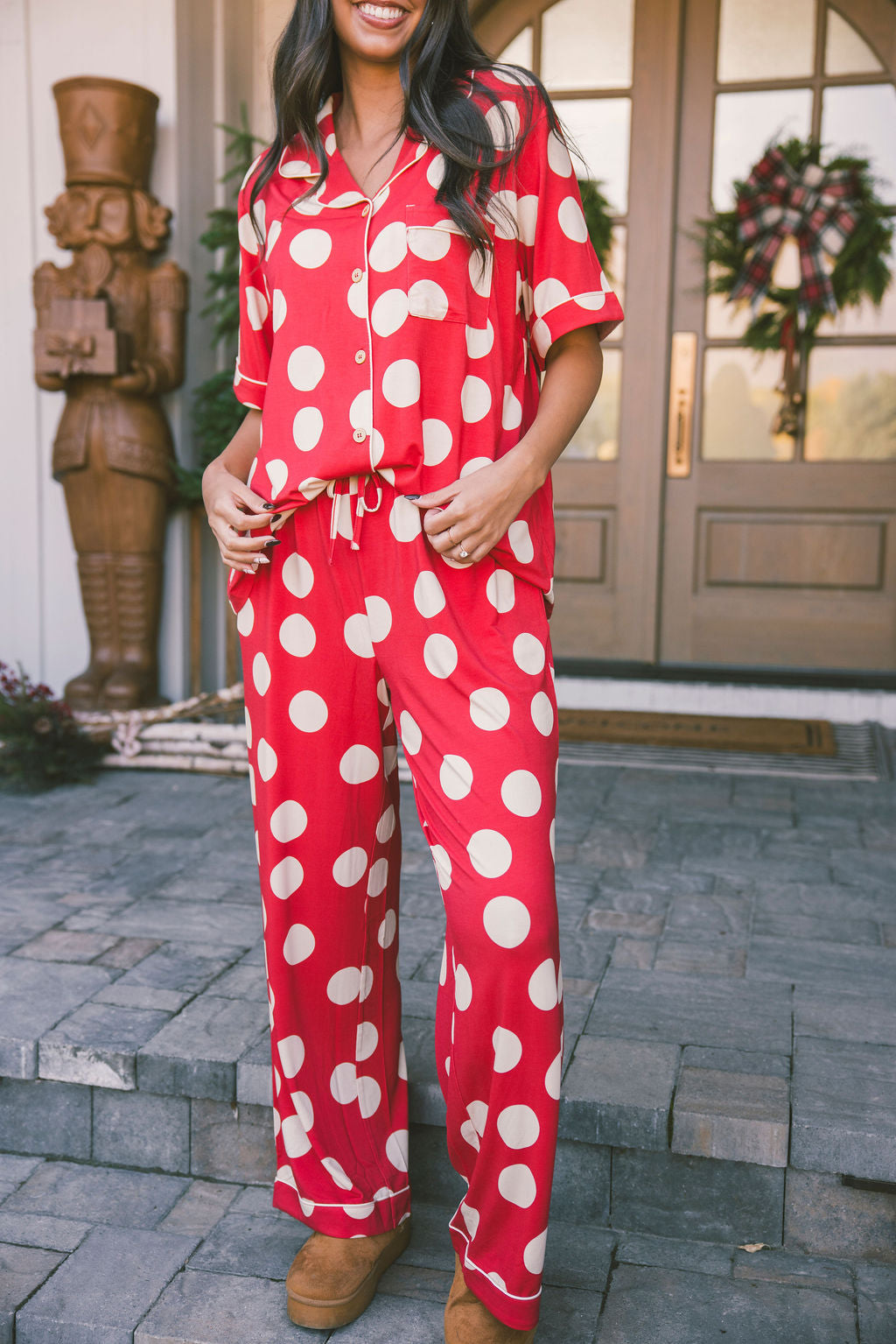 Button Up Short Sleeve Pants Set - Large Red Polka Dot