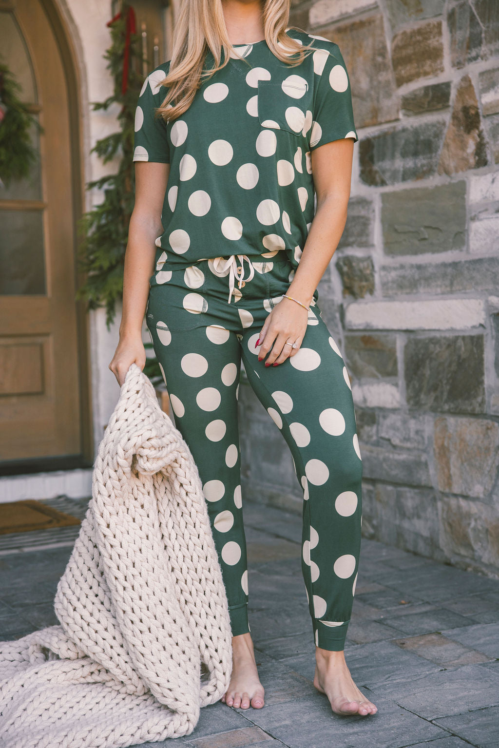 Jam Pants Set - Green and Cream Large Dot