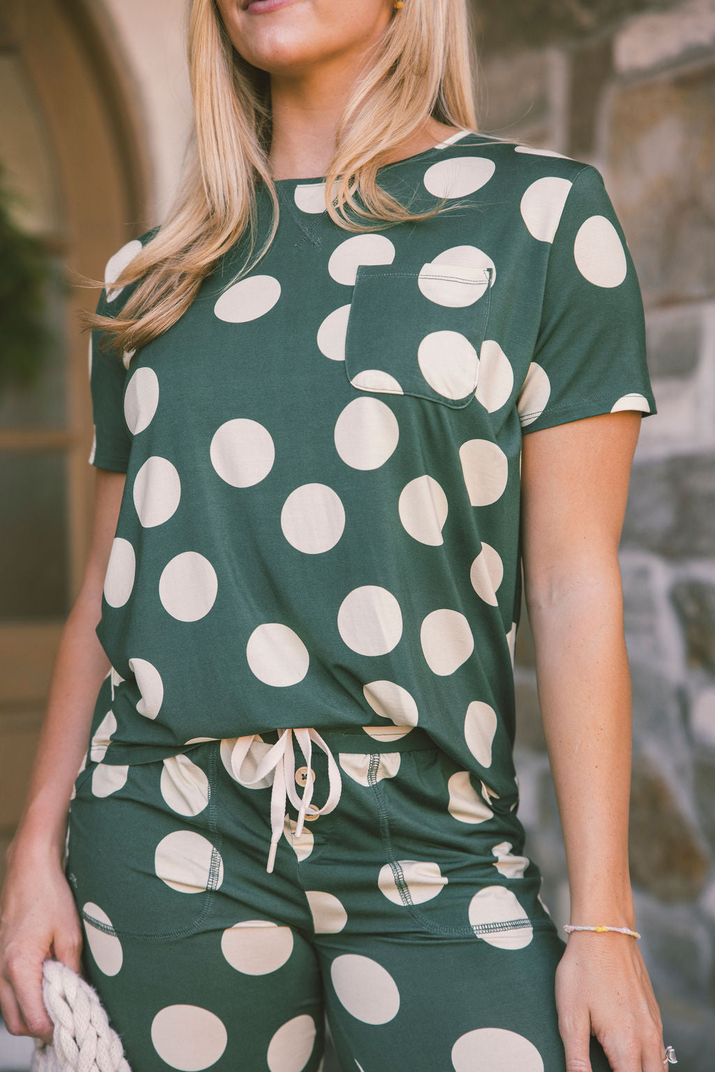 Jam Pants Set - Green and Cream Large Dot