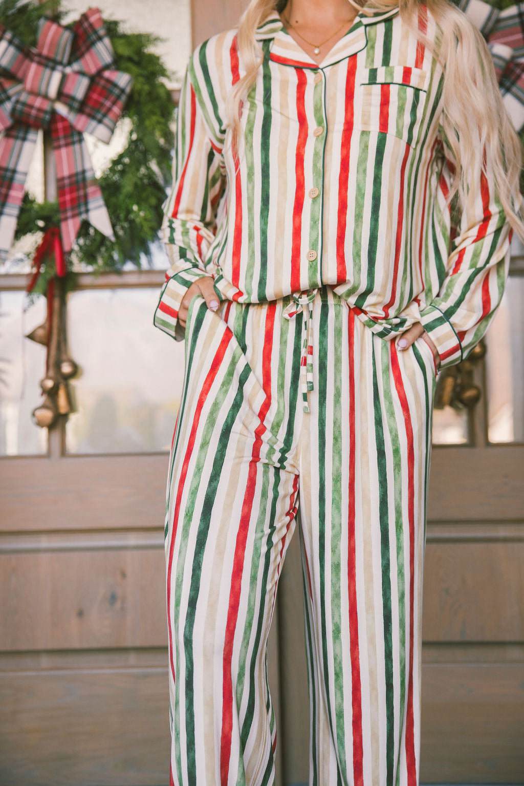 BUTTON UP LONG SLEEVE PANTS SET MODAL -Holiday Classic Vertical Stripe