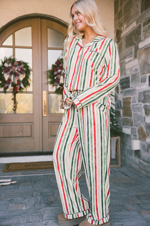 BUTTON UP LONG SLEEVE PANTS SET MODAL -Holiday Classic Vertical Stripe