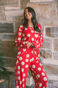 Button Up Long Sleeve Pants Set | Large Red Polka Dot