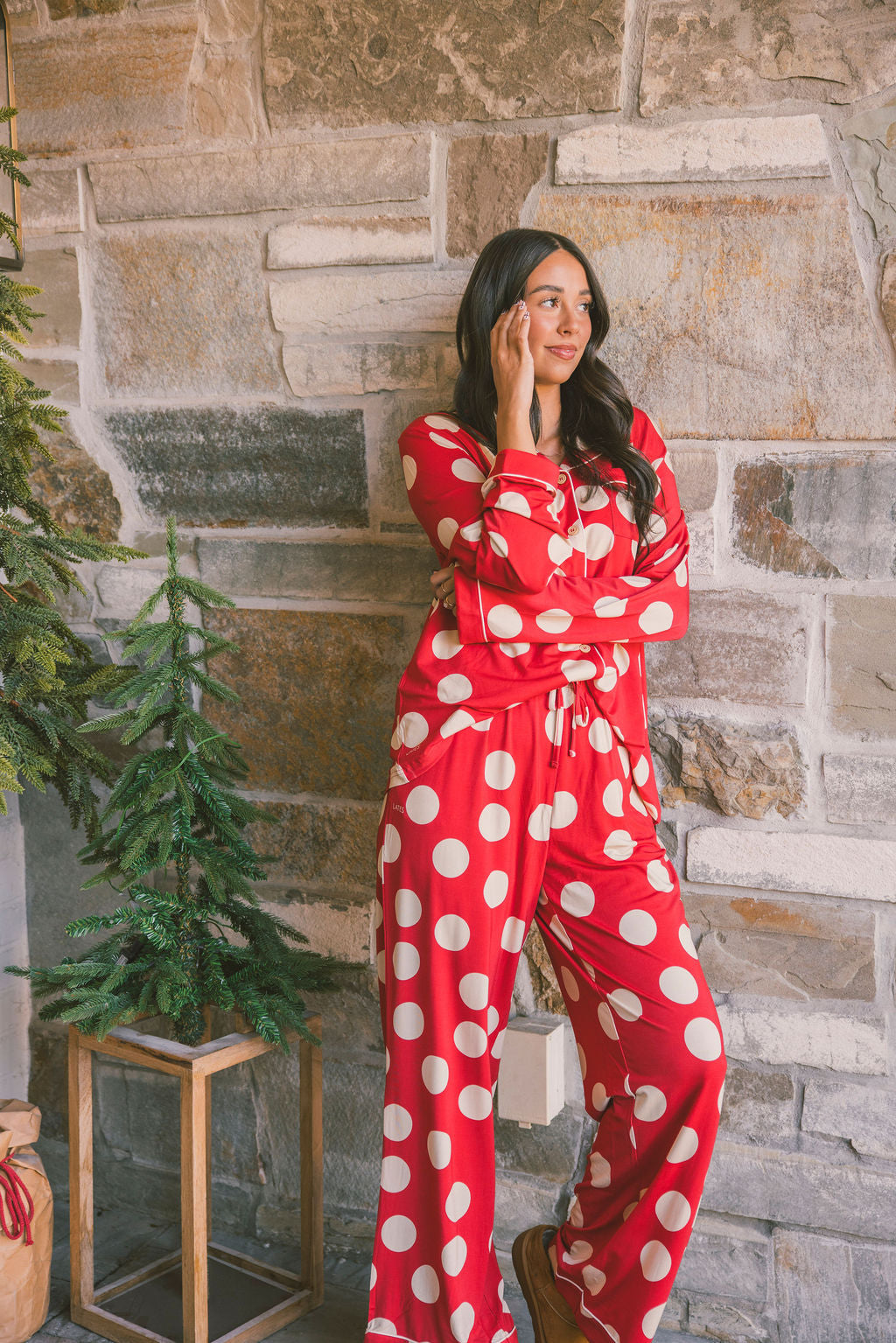 Button Up Long Sleeve Pants Set | Large Red Polka Dot