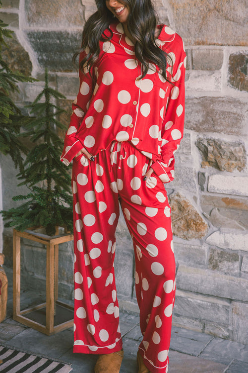 Button Up Long Sleeve Pants Set - Large Red Polka Dot